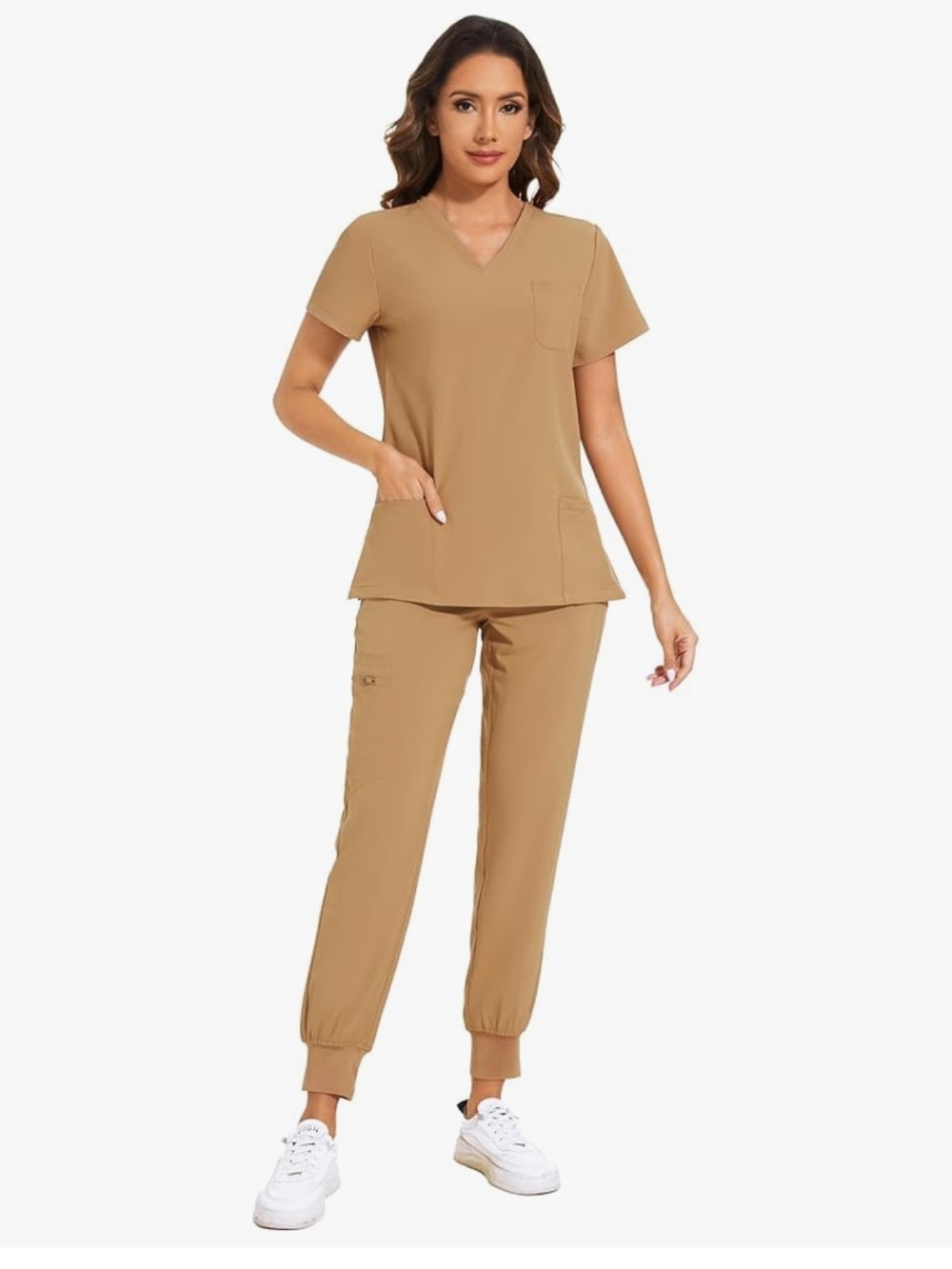 Neutral Tan Scrub Set - Top & Drawstring Pants